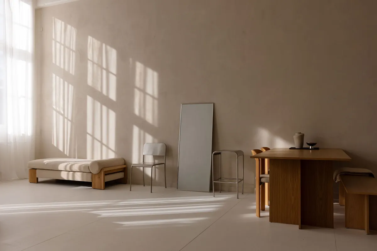 Interieur van The Livingroom met daglicht, daybed, spiegel en houten tafel