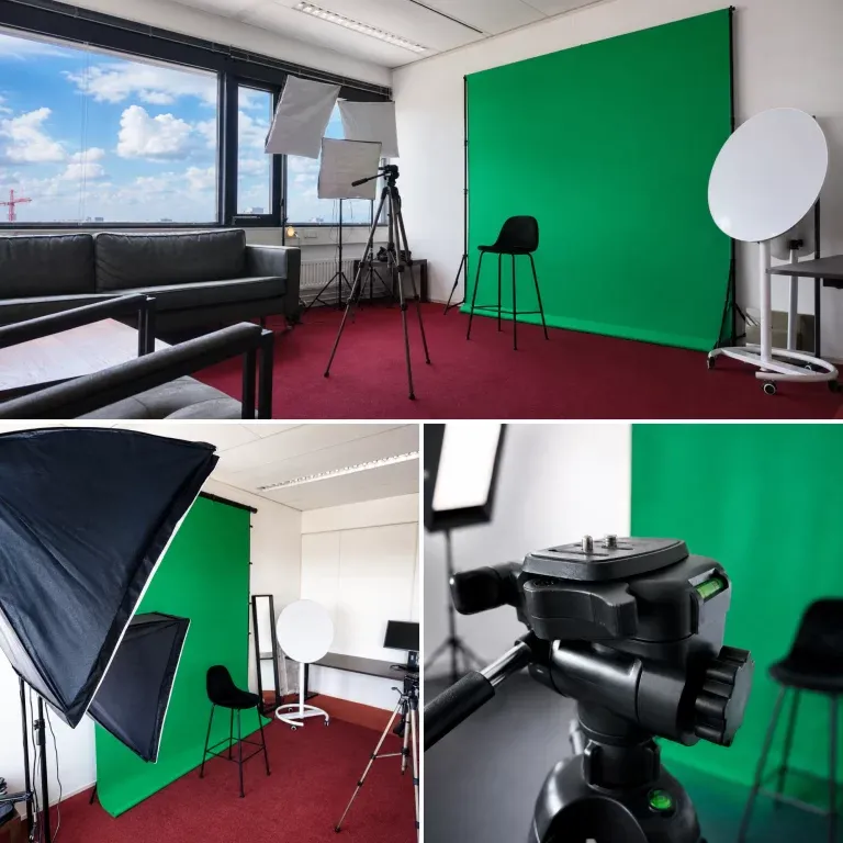 Eigen PixelSky-fotocollage met greenscreen, verlichting en statieven in de studio