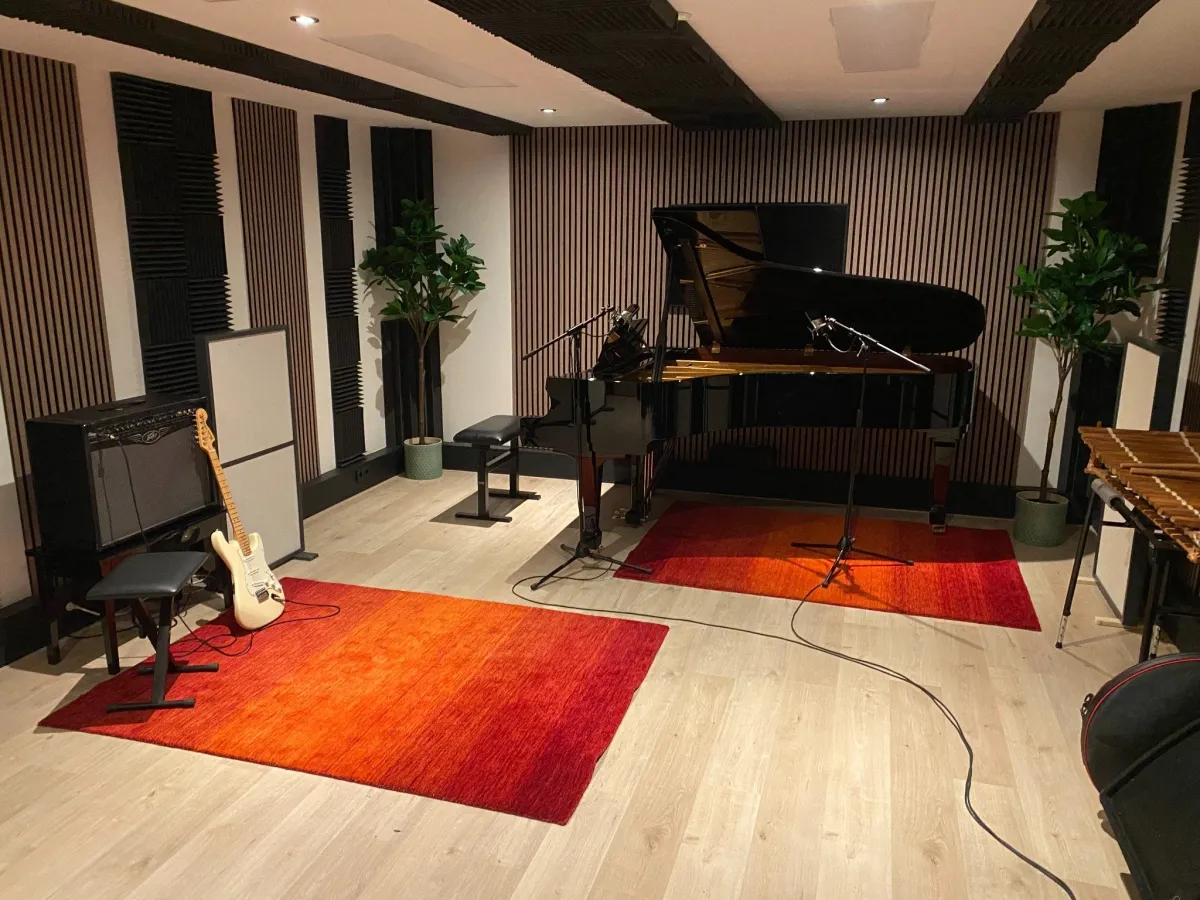 Eigen Studio BOL-ruimte met concertvleugel, microfoons, akoestische wandpanelen en zichtbare vloer